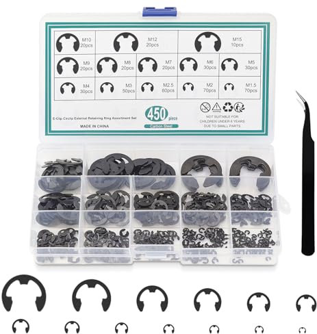 E-clips Anelli Elastici 450 Pezzi 13 Taglie 1.5mm-15mm E Tipo Anello Acciaio Carbonio Assortimento Kit per Fissaggio di Pulegge Ingranaggi di Cuscinetto