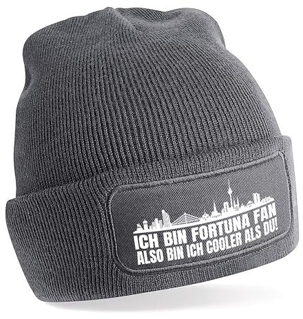Beanie Strickmütze mit Spruch | Ich bin Fortuna Fan also bin ich cooler als du! | grau | weiche und warme Fußball Mütze für Düsseldorf Fan | Skyline | SoftTouch Einheitsgröße für Erwachsene