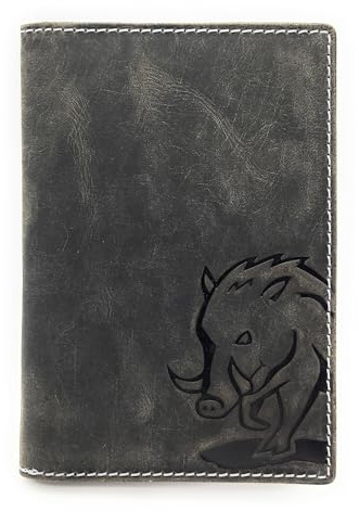 Lemasi echt Leder Etui Hülle Dokumenten Mappe für Angelschein, Schwerbehindertenausweis, Reisepass, Waffenschein, Jagdschein, Impfausweis usw. (grau Wildsau Quattro)