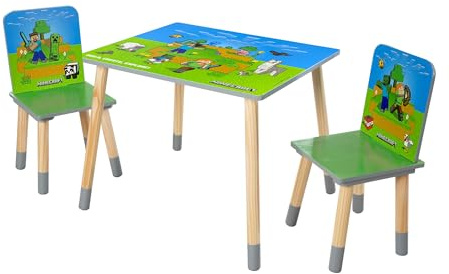 Minecraft: Seating Group Set - Table & 2 Chairs - Green & Blue, Kids Wooden Minecraft Set, Outdoor Game Scene Imagery, Children's Room Decor, Licensed