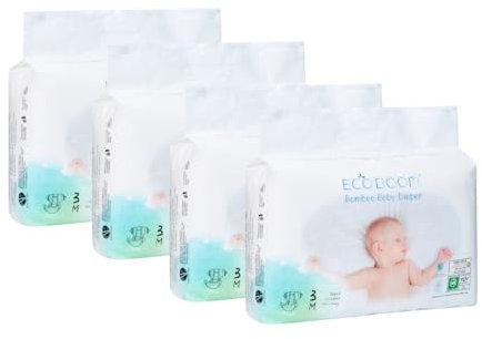 Ecoboom Windel, umweltfreundlich, aus Bambus, 70 % biologisch abbaubar, hypoallergen (Größe 3/M, 6 – 10 kg, 4 Taschen, insgesamt 128 Tücher)