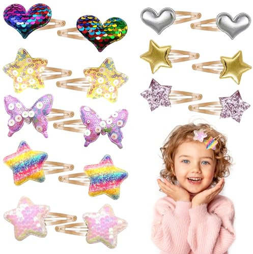 Mollette per Capelli Bambina, 16Pz Fermagli per Capelli per Ragazze Donna Bambini Stella Cuore Farfalla Accessori per Capelli, Scatto in Metallo Forcine per Capelli Glitterati Mollette Capelli Regalo
