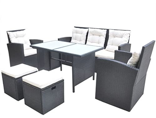 Willood 6-TLG. Garten-Essgruppe mit Auflagen Poly Rattan Schwarz Gartenmöbel Set Terassenmöbel außen Rattan wetterfest Gartengarnitur Set Sitzgarnitur Sitzgruppe