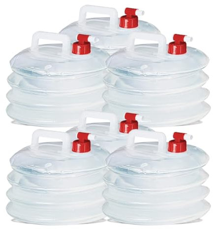 JUANIO Lot de 12 jerrican à Eau avec Robinet 5 L, bidon d'eau Pliable Transparent, conteneurs à Eau de Camping, Bouteille d'eau Potable - Longueur 25.5 x Hauteur 22.5 cm