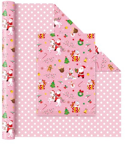 WERNNSAI Weihnachts Geschenkpapier - 1 Rolle Geschenkpapier Weihnachten Kinder Mädchen Weihnachtsmann Regenbogen Einhorn Pferd Weihnachtsbaum Geschenk Rosa Weihnachtsfeier Geburtstagsdeko 43cm x 10m