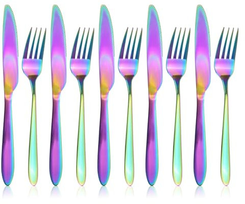 Lot de 12 couverts multicolores en acier inoxydable - Couteaux et fourchettes - Couverts à steak - 6 personnes - Passe au lave-vaisselle et poli miroir