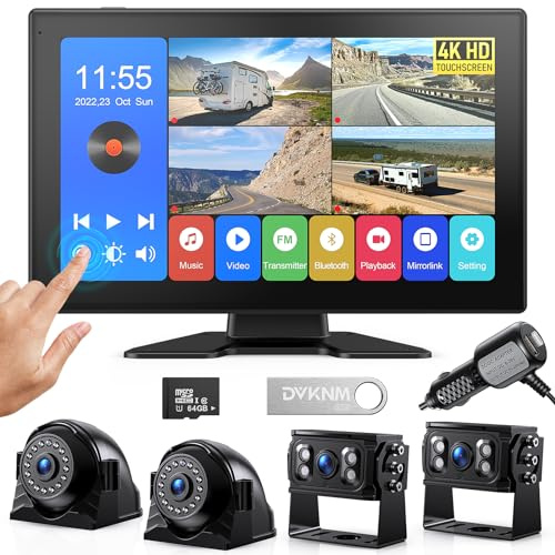 DVKNM 4K RV Backup Camera System 10.1 Quad Split Touchscreen Monitor 4 1080P HD Rear Side View Cameras DVR Recording Bluetooth Music USB Video Play IP69 Waterproof Night Vision for RV Truck Trailer