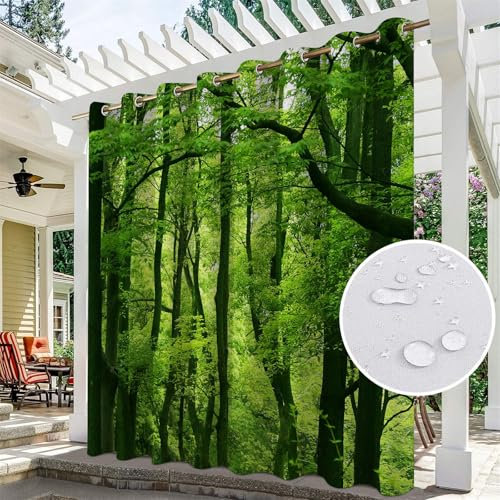 Hiseng wasserdichte Vorhänge Outdoor, Wald Muster Outdoorvorhänge Wetterfest Blickdicht Verdunkelungsvorhang mit Ösen 1 Stück Sichtschutz Sonnenschutz Vorhang für Garten (230x270cm,Grün Wald)