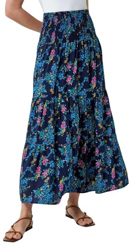 Roman Originals Gypsy Maxi Skirt for Women UK Ladies Tiered Bohemian Long Ankle Length Cotton Elasticated Waistband High Waist Monochrome Lounge Lightweight Holiday - Floral Navy - Size 14