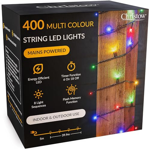 CHRISTOW Christmas Fairy Lights, 400 LEDs, 40m Lit Length, Multi-Coloured | Ultra-Bright LED String Lights, 8 Flash Modes with Memory, Timer Function, Mains Powered with 5m Cable, Indoor & Outdoor Use
