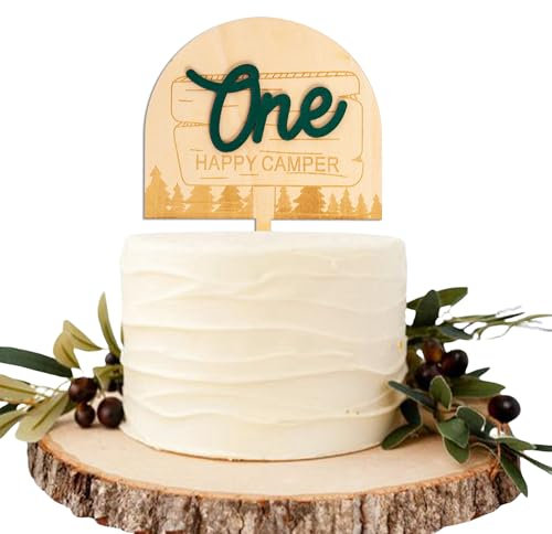 CIEQR Tortenaufsatz Happy Camper aus Holz mit Camping-Thema, Camper erster Geburtstag, Kuchendekoration für Cake Smash, 1. Geburtstag, Jahrestag, (Jade)