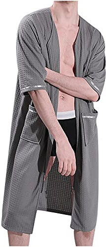 Waffle Dressing Gown Mens Zip up Robes Lightweight Kimono Bathrobe Solid 3/4 Sleeve Housecoat with Pockets Knee Length Absorbent Sleepwear Waffle Nightwear for Gym Shower Spa Hotel Robe Gray