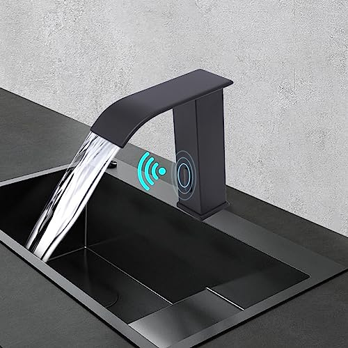 Sensor Wasserhahn - Automatische Infrarot Waschtischarmatur aus Edelstahl, berührungslose Mischbatterie mit Temperaturregelung von 0-80 °C Handwaschbecken für Bad und Küche Waschbecken (Schwarz)