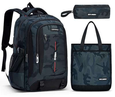 Amythe Schulrucksack Jungen Teenager, Schulranzen für Jungen der 3. 5. bis 7. Klasse, Wasserdicht Camouflage Schultasche Set mit Umhängetasche Stifttasche, Großer Lässiger Rucksack, Grün