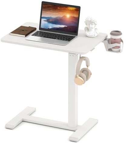 LIFEZEAL Betttisch höhenverstellbar, Mobiles Stehpult mit Rollen, Beistelltisch Krankenhausbetttisch mit Getränkehalter, Kopfhörerhaken, Laptoptisch für Zuhause, Büro, Krankenhaus (Weiß)
