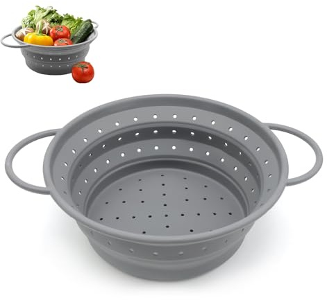 Shwdsy Passoire Pliable, Silicone Passoire Cuisine Pliable, Gris Passoire Retractable, Résistant à la Chaleur Passoire Pliable en Silicone, pour Égoutter les Légumes, les Fruits, les Nouilles
