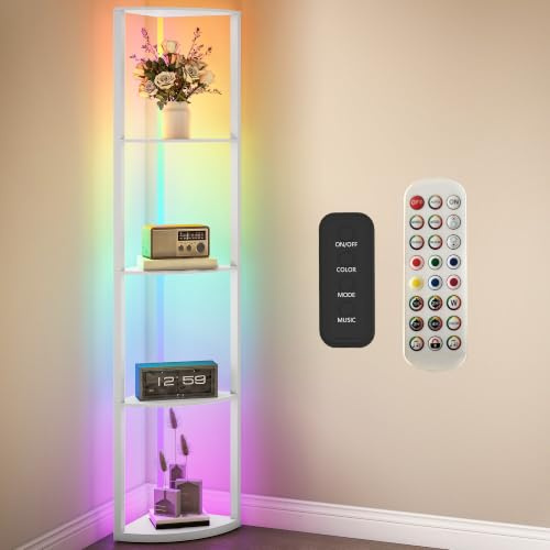 HOMCOM RGB LED Floor Lamp with Shelves 4-Tier Standing Lamp White | Dimmable, Adjustable Brightness, Remote Control, Modern Corner Display Shelf Unit, Living Room Bedroom Office