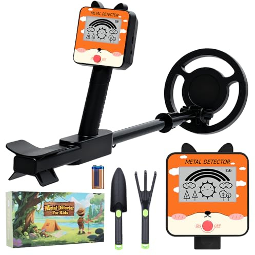 Metalldetektor für Kinder, hohe Empfindlichkeit, LCD-Display, wasserdichte Spule, 16 cm, Länge verstellbar 75–98 cm, 9 V, sicheres Erkundungsgeschenk für Kinder oder Anfänger, Schwarz