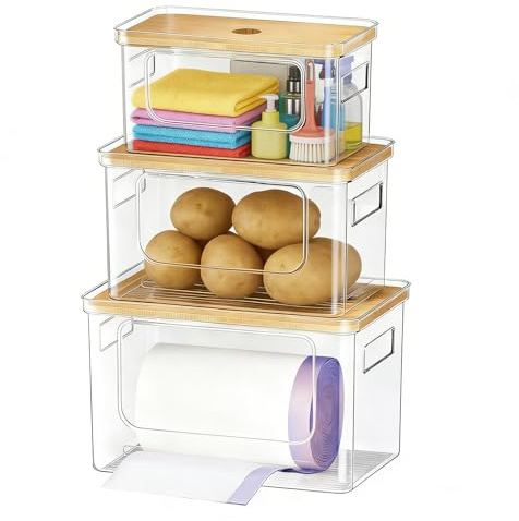 Tatqilo 3 Pack Trash Bag Dispenser, Trash Garbage Holder with Bamboo Lid | Stackable Clear Plastic Under Sink Organizers and Storage Box, Large Garbage Bags Organizer for Home Kitchen, Pantry, Laundry