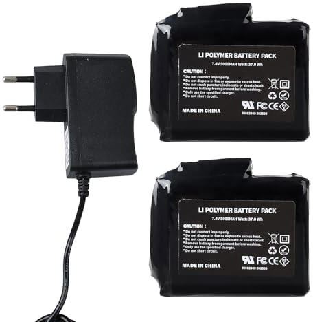 Lot de 2 batteries rechargeables Li-polymère 7,4 V 5000 mAh 37 Wh avec chargeur pour gants chauffants, chaussettes, cagoules, chapeaux, semelles intérieures, bas de sous-vêtements thermiques, moufles