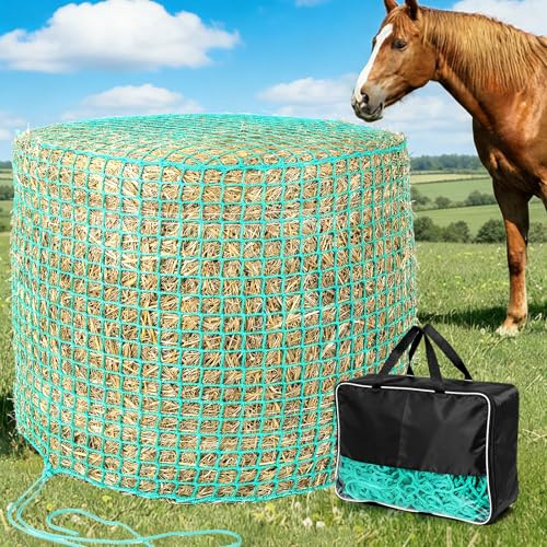 Bellanny Heunetz für Pferde, Heunetz Rundballen | 4,5 x 4,5cm Heunetz Engmaschig Rundballennetz | ø150cm/Höhe 150cm Futternetz für Heu,Heusack Groß mit Aufbewahrungstasche,Verlängerung der Fresszeiten