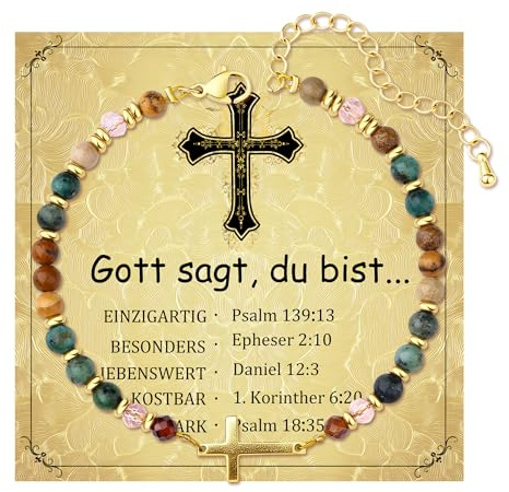 QINJIEJIE Kreuz Naturstein Armband Damen - Bibelvers Geschenk, Gott sagt du bist Einzigartig, Christliches Geschenk zur Taufe, Geburtstag für Frauen