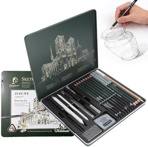 HORREX 19 Pcs Art Supplies, Professional Quality Pencils Set in Metal Case | Set Includes Sketching Pencils Charcoal Utility Knives Erasers Pencil Extenders etc for Artists Beginners Drawing Outlining