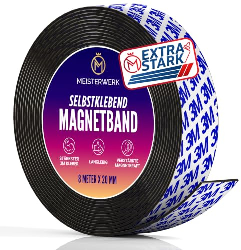 MEISTERWERK Magnetband selbstklebend stark - 8 Meter I (EXTRA STARKER MARKEN-KLEBER) - Magnetstreifen selbstklebend - Magnetklebeband mit optimierter Magnetkraft - Magnet Klebeband