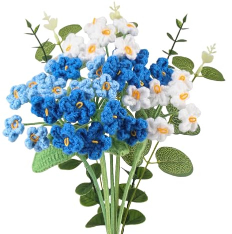 LEIMEND 11 Stück Gehäkelte Blumen Häkelblumen Gestrickte Blumen Blau Weiß | Vergissmeinnicht Häkelblume Gehäkelter Blumenstrauß Geschenk zum für Frauen Freunde Muttertag Valentinstag Geburtstag