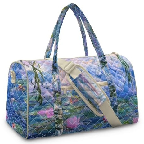 Buxolandt Monet Water Lilies Large Quilted Duffle Bag Quilted Weekender Diaper Tote with Shoulder Pad Compartment for Women Men Used Vacations Travel, Hospital, Overnight Trip Blue