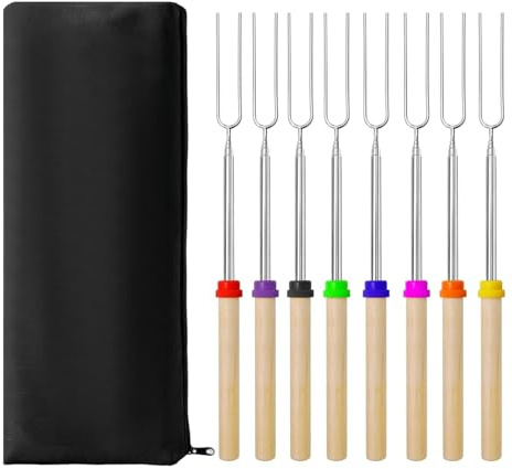 Barbecue Forks-8 Pack Marshmallow Roasting Sticks Extendable Stainless Steel 32Inch U Shape Hot Dog Fork with Wooden Handle Grilling Skewers for Fire Pit and BBQ Campfire Party
