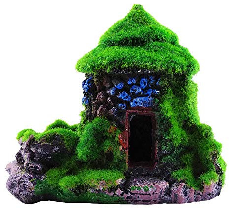 M2cbridge Aquarium Decorations Fish Hideout House Betta Cave with Green Lifelike Moss(Style 1)