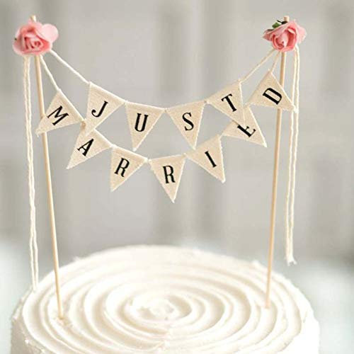 Wedding Cake Topper Vintage Rustic Just Married Wedding Cake Topper Cheese Bunting Handmade Bunting Flags with Wooden Pole Ivory (with Pink Rose) 1 Piece