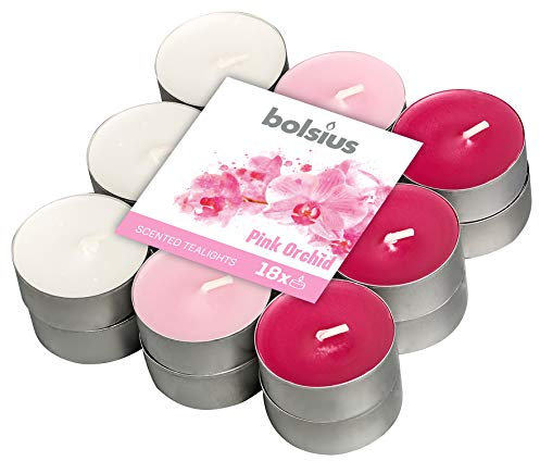 Bolsius - 18 Bougies Chauffe-Plat Parfumées – Orchidée Rose - Durée de Combustion de 4 Heures - Diamètre 38 mm - Extraits Naturels - Contient de la Cire Végétalienne - Sans Huile de Palme