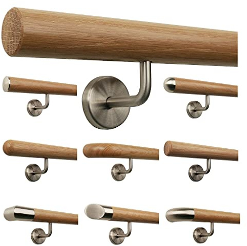 TIBU Eiche Holz Handlauf Geländer 0,3m - 6m, Länge 200 cm, Ende gefast und 3 gewinkelte Halter