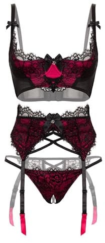 Lovehoney Lingerie Women's Black Boudoir Belle Cherry Quarter Cup Bra Set - With Suspender Belt & G String - Small: 6-8