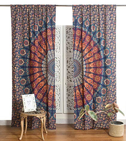 Popular Handicrafts Indischer Hippie-Vorhang, Bohemian-Stil, Pfauen-Mandala, Raumteiler, Blau