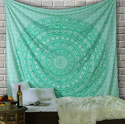 RAJRANG Elefant Mandala Wandteppich Boho Bohemian Dekor Wandbehang Hippie Wandbehänge Mandala Stoff 230 x 213 cm Grün