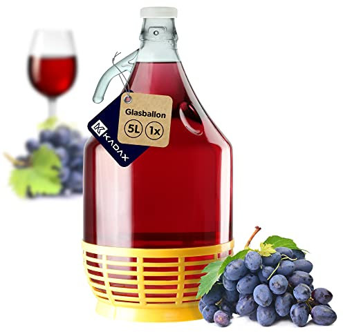 KADAX Ballon ŕ vin en verre pour vin - Ouverture étroite - Ballon de fermentation - Gallon - Conteneur de fermentation - Bouteille en verre - (5 L, bouchons en caoutchouc)