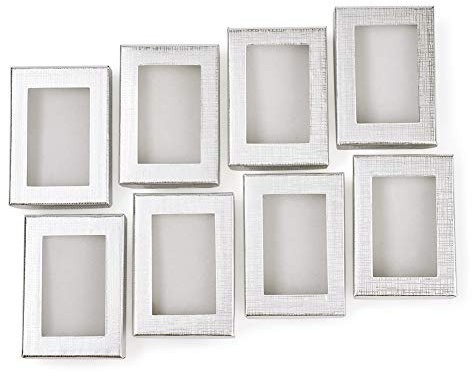 FASHEWELRY 60 cajas de regalo plateadas de 3.5 x 2.6 pulgadas, pequeñas cajas de cartón con lazo para joyas, pulseras, estuche de regalo