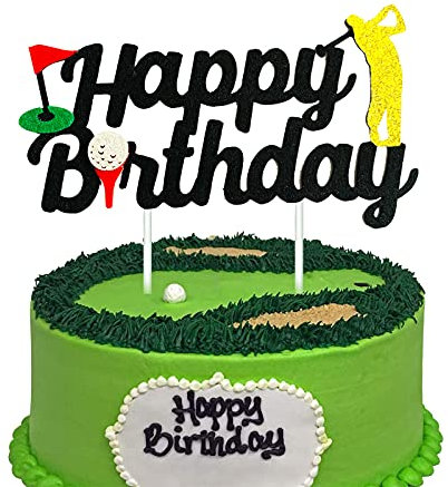 Golf Cake Topper Golf Birthday Decorations Black and Golf Ball Birthday Party Decorations for Sport Themed Man Boy Girl Bday Party Double Sided Black Glitter Decor