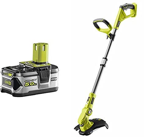 Ryobi RB18L50 ONE+ Lithium+ 5.0Ah Battery, 18 V & Ryobi OLT1832 ONE+ Cordless Grass Trimmer, 25-30cm Path (Zero Tool), 18 V, Hyper Green (Battery, Charger and Blade Not Included)