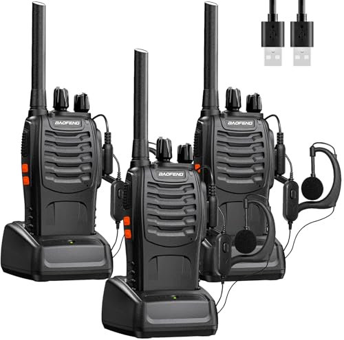 Baofeng Walkie Talkies Profesionales Radiocomunicación Radio de Largo Alcance PMR Transceptor Recargable,con Auricular, USB Cargador, Batería para Actividades al Aire Libre y Trabajo (3 Piezas)