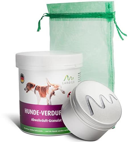 Gardigo Hundeschreck Granulat - Hunde-Verdufter Set mit Organza-Säckchen und Metalldose | 300g | Mit Geraniol I Made in Germany I Hundeabwehr für Haus, Garten | Hundevertreiber für draußen