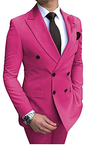 2 PC Regular Fit Uomo Vestito Doppio Petto Tacca Risvolto Sposo Smoking Giacca Pantaloni Business Suit Abito da sposa, Fucsia, 102