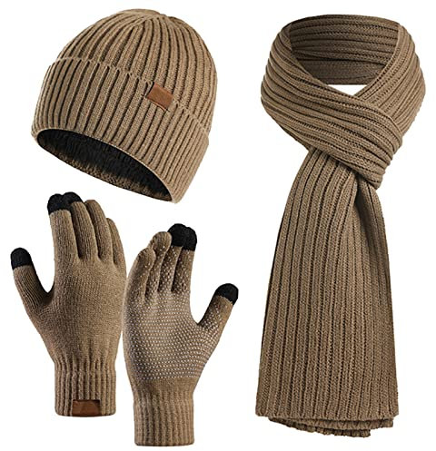 Kunyeah Mütze Schal Handschuhe Set Warm StrickmüTze Hut Lang Schal Touchscreen Handschuh Winter Accessoires für Herren Damen…