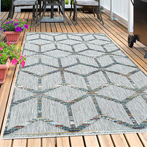 Carpetsale24 Outdoor Teppich Modern, Rauten Skandi Ethno Muster 3D Optik, Rechteckig, Grau mit bunten Mustern, Hoch-Tief Effekt, Wetterfest, für Balkon, Garten, Terasse, Küche, Größe: 140 x 200 cm
