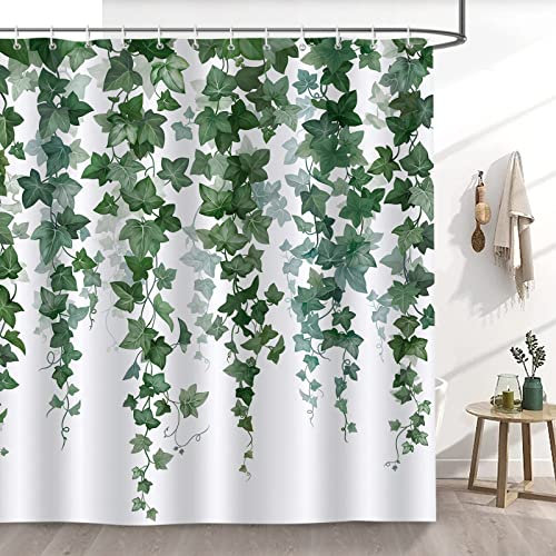 Bonhause Ivy Leaves Shower Curtain 180 x 180 cm Green Hanging Vine Plants Bathroom Curtain Waterproof Mildew & Mould Resistant Polyester Fabric Bath Curtain with 12 Hooks