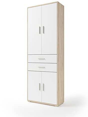 möbelando Aktenschrank Clermont in Sonoma/Eiche mit Absatz weiß mit 2 Schubladen und 4 Türen. Abmessungen (BxHxT) 79,1x221,2x35 cm