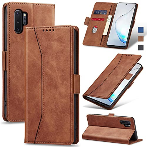 Jasonyu Handyhülle für Samsung Galaxy Note 10 Plus Hülle Leder Flip Klappbare Stoßfeste Magnetische Premium PU Leder Standfunktion Kartenfächern Schutzhülle Klapphülle,Braun